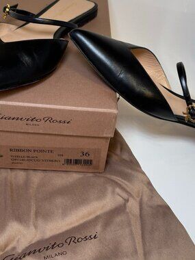 Gianvito Rossi Ribbon Pointe Black Leather Slingback Flat Mules Formal Preppy